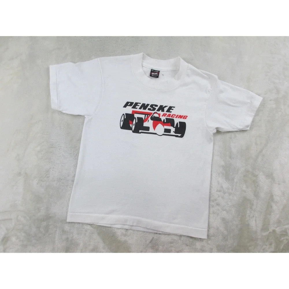 VINTAGE Fruit Of The Loom Shirt Boys 10/12 White Penske Racing Kids Youth